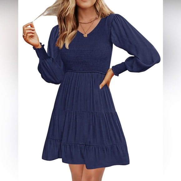 MEROKEETY LONG SLEEVE SMOCKED TIERED MINI DRESS SIZE M New - Picture 1 of 9